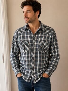 Salt Valley Western Mens XL Plaid Pearl Snap Shirt Gray Blue Cotton Country